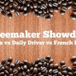 A banner that reads "Coffeemaker Showdown: Ninja vs Daily Driver vs French Press". The top and bottom of the banner are lined with coffee beans on a wood background.